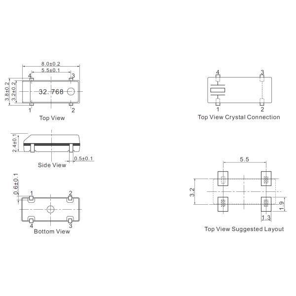 Industrial e Comercial 8038 32.768 kHz Relógio Cristal 8.0x3.8mm 4pin 12.5pF 20ppm 308C -SJK-