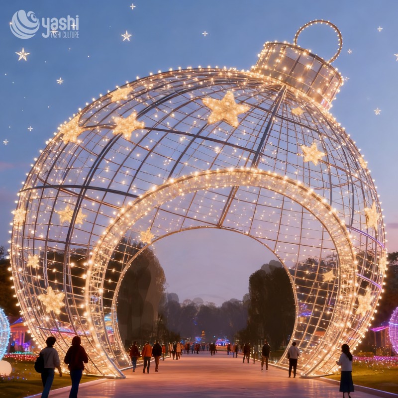 Custom Giant Christmas Ball LED Light Arch Tunnel, Outdoor Waterproof Wireframe Motif Light for Park & Shopping Mall Decor