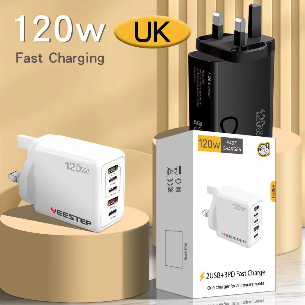 Yeestep E-bike 120W Wall Charger 3USB + 2C Plastic Fast Charging Adapter for Android Phones EU/UK/US