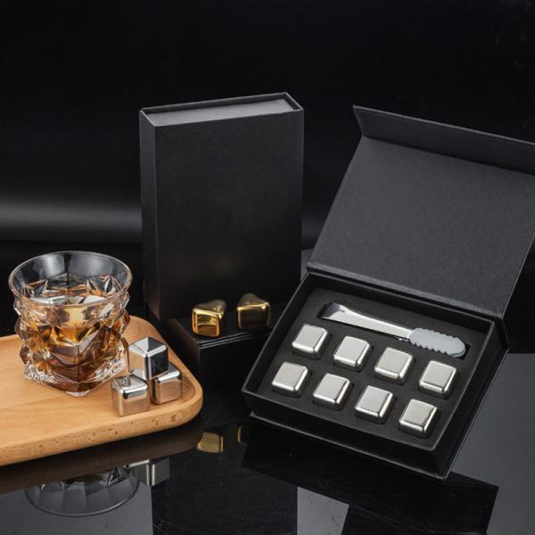 Design Whiskey Ice Stone Set 8 PCS Stainless Steel Cubes With Tong And EVA Gift Box