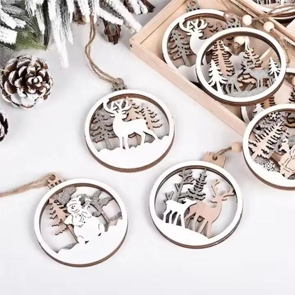 Wooden Christmas tree hanging ornaments create a Christmas family atmosphere