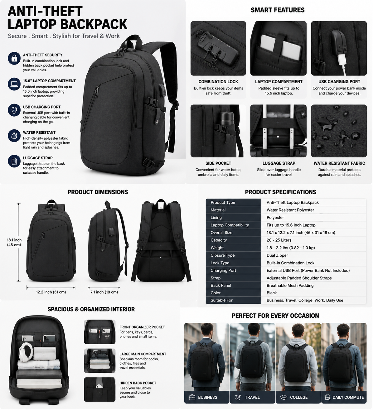 Anti-Theft Laptop Backpack for Travel & Work, 15.6 Inch Computer Backpack with USB Charging Port, Water Resistant Business Bag for Men & Women