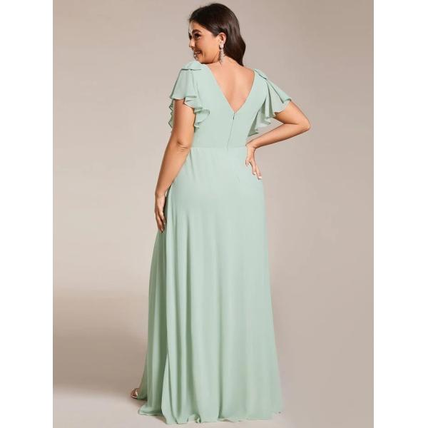Empire Plus Size V-neck High Split A-line Short Sleeve Zipper Mint Green Chiffon Bridesmaid Dress