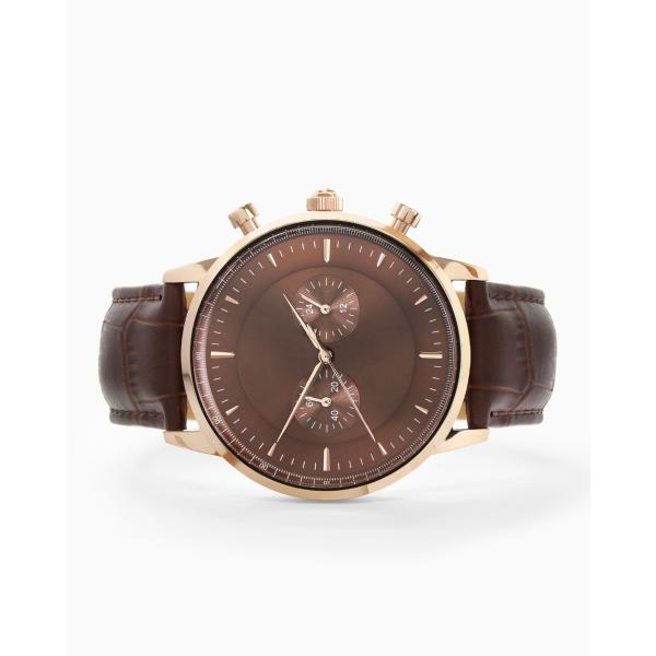 Brown Stainless Steel Chronograph Watch Mens Leather Strap Watches Mineral Crystal