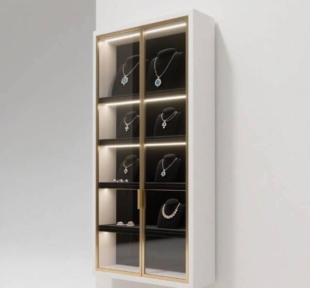 Rounded Corner Island Jewelry Display Counter | Cream Body Rose Gold Trim | Glass Showcase LED Lights | Durable Luxury Malls