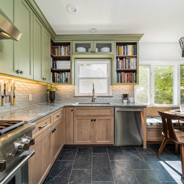 U Shaped Solid Wood Cupboard Kitchen Base Unit Cabinet And Pantry Green Shaker Style