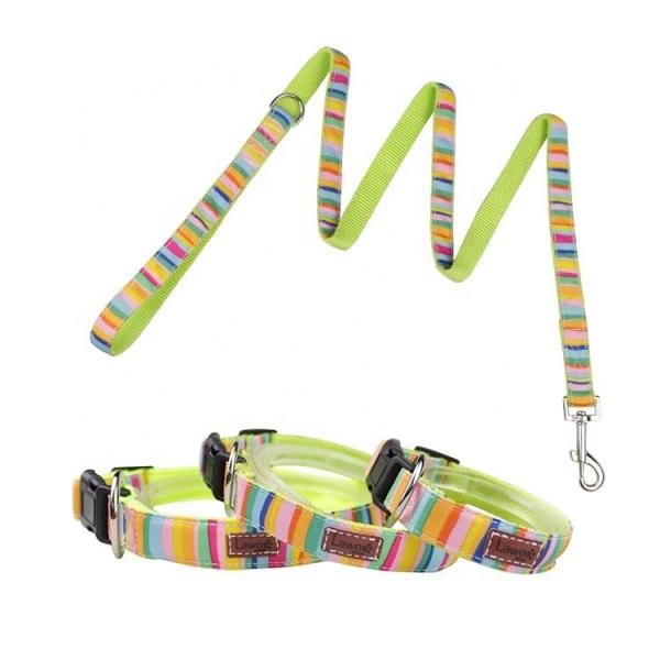 Cute Dog Collars And Leashes 600D Rainbow Oxford Material With Strong ABS Buckle