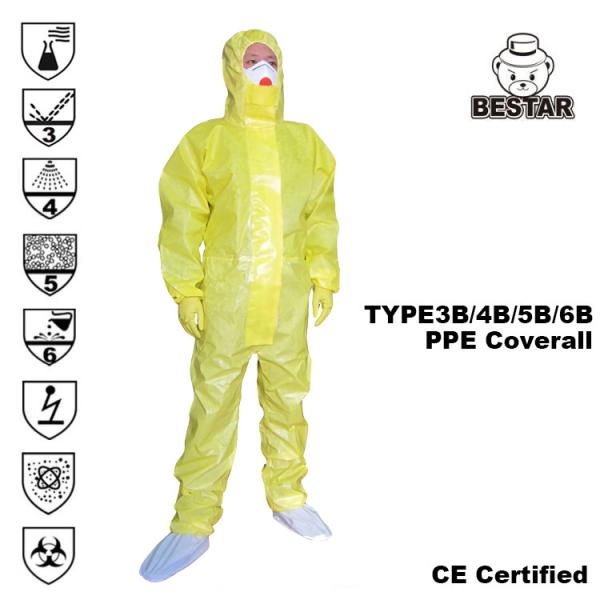Yellow Disposable Chemical Coveralls Biological Overalls TYPE3B/4B/5B/6B