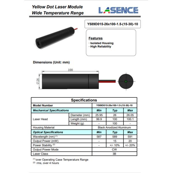 Spare Parts Type Laser module Yellow 589nm 15mW Beam Mode TEMoo Transverse Module