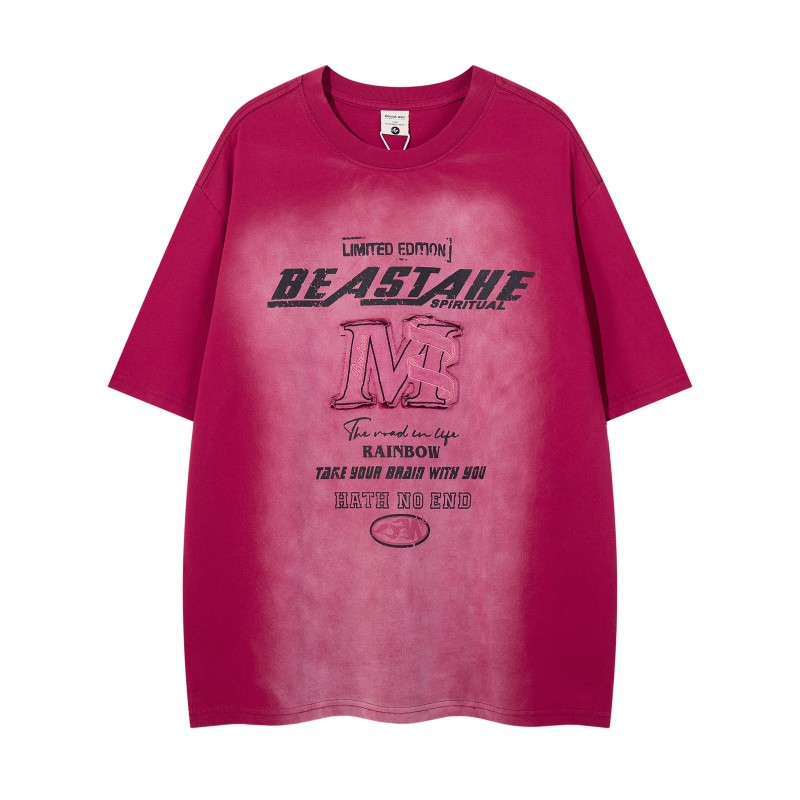 Retro Gradient Red Knitted 100% Cotton Breathable T-shirt for Men with Letter Pattern Short Sleeve Oversized Fit Washed and Worn