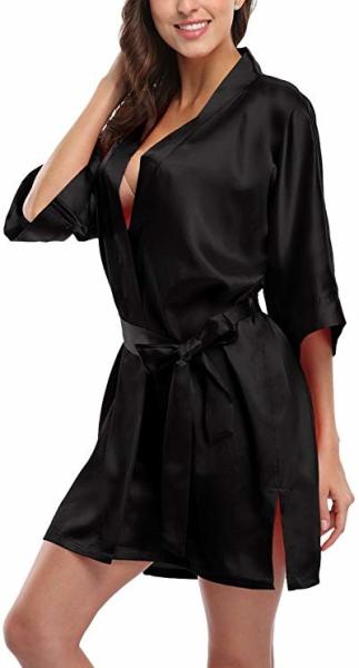 Black Sexy 100% Mulberry Silk Nightgown Short Plain Dyed 200Gsm Weight