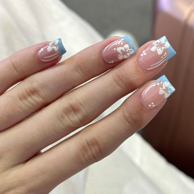 Glossy Nude Pink Square Light Blue Personalised Fake Nails White Floral