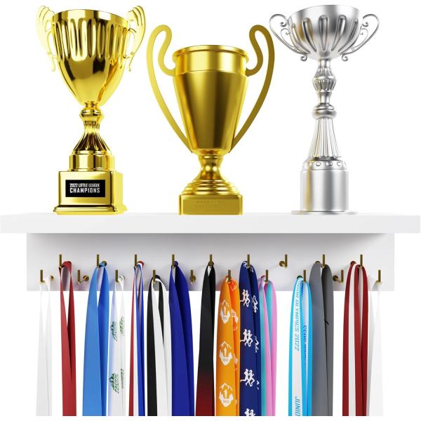Wooden Trophy Display Home Appliance Medal Hanger and Trophy Shelf with Hooks