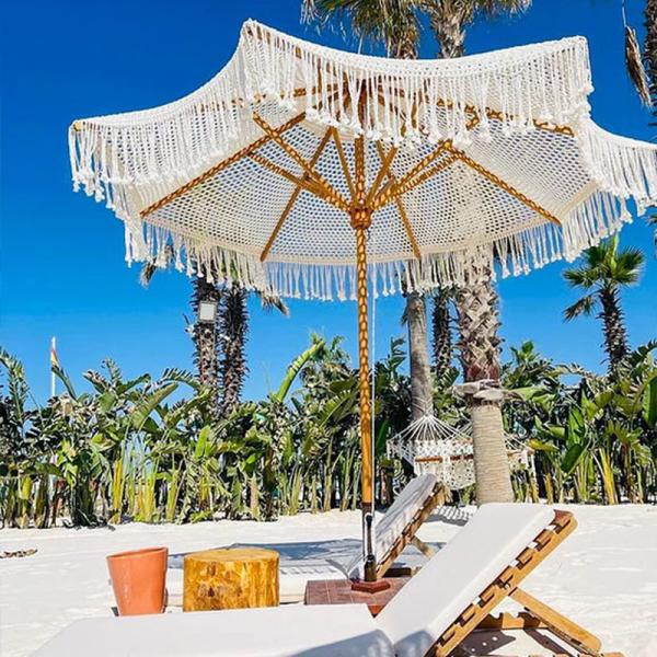 Contemporary Design Style Outdoor Patio Macrame Parasols Beach Wood Umbrella 2.5mm Wooden Pole