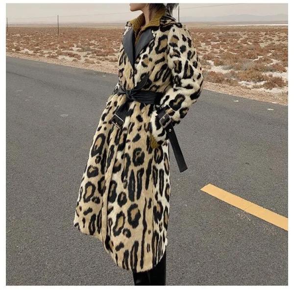                  Long Faux Fur Leopard Trench Coat Trimmed Fur for Women in Winter Fur Long Line Leopard Print Winter Jacket             