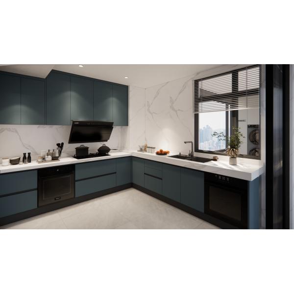 Blue-Gray Stainless Steel Kitchen Cabinets with Integrated Appliances