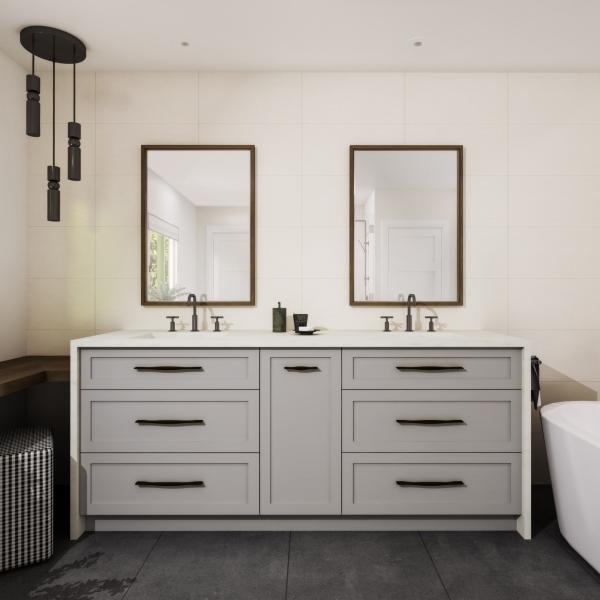 Wooden Floor Mounted Lacquer Bathroom Vanity Units Light Grey Shaker 72 Inch Double Mirror