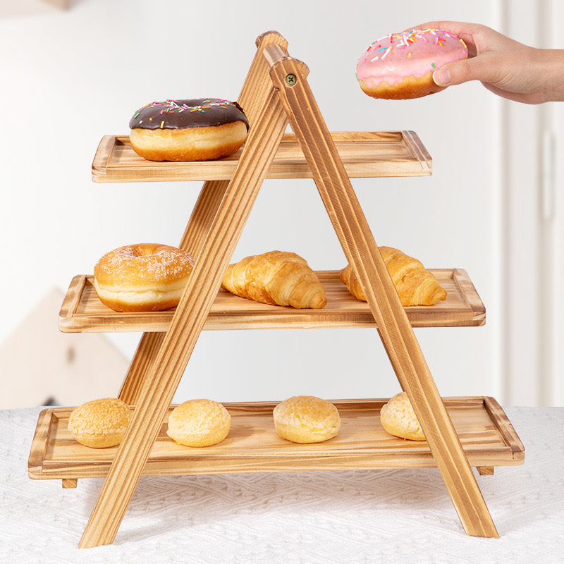 Solid Wood Three-layer Rectangular Tray Shelving Wooden Detachable Fruit Cake Dessert Tray