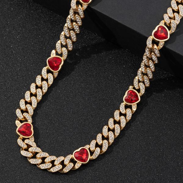 Fashionable Red Heart Necklace Hiphop Heart Cuban Chain Link Necklace For Women Men Hip Hop Rapper Jewelry Gifts