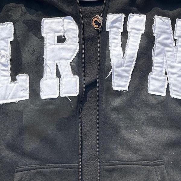 Custom Oversized 500gsm Acid Washed Zip Up Distressed Letter Patchwork Embroidery Hoodies