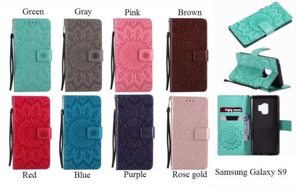 Samsung S9 Leather Protective Folio Magnetic Kickstand Cover Mobile Phone Case with Sunflower Embossed