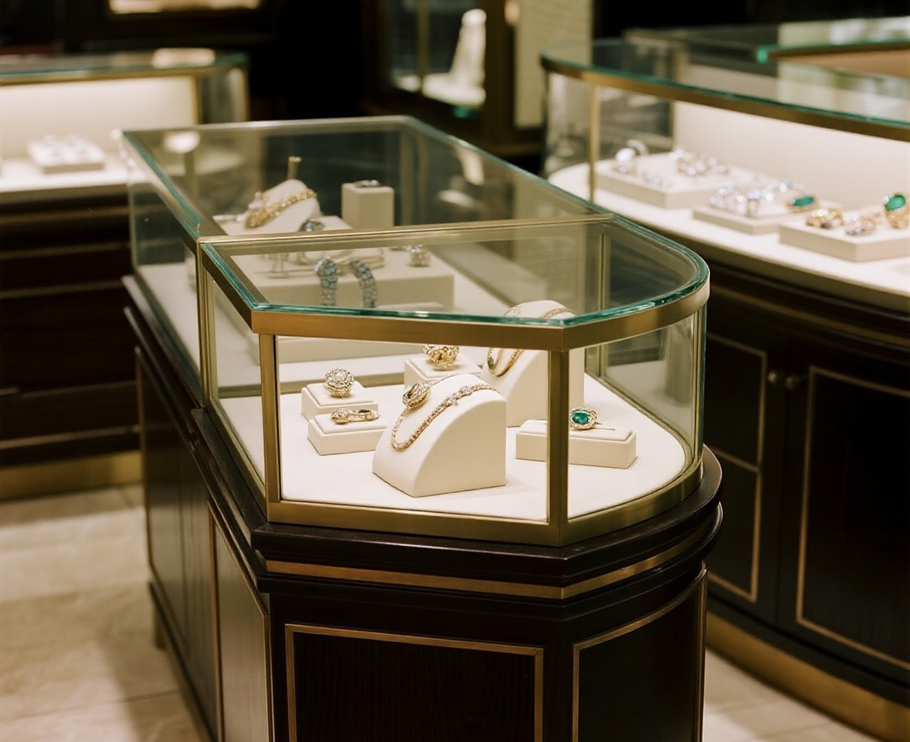 Customizable Design Jewelry Showcase with Adjustable Glass Shelves and Tempered Glass Solid Wood Construction
