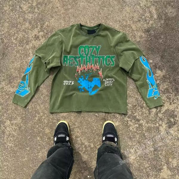 Impresión personalizada Logotipo gráfico T-shirt de pantalla superior Impreso de algodón pesado de doble capa ropa de calle de época camisetas de manga larga para hombres