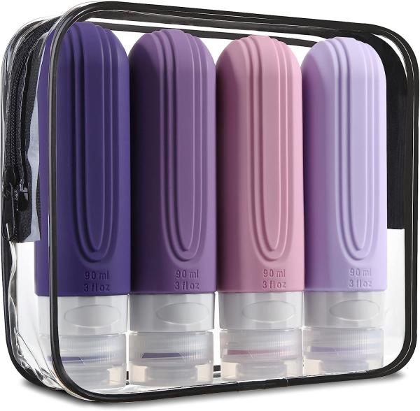 Bouteilles de toilettes de voyage en silicone résistant aux fuites, de couleur violette 90 ml