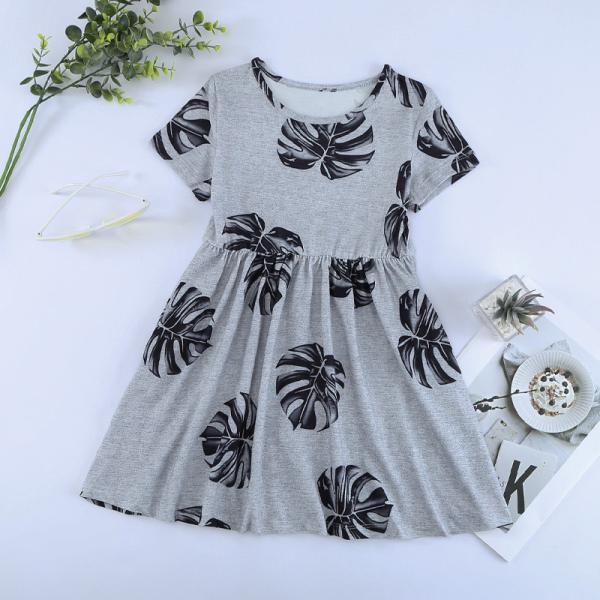 Summer Children's Clothing Solid Color Cotton Printed Short Sleeve Casual Girls Dress