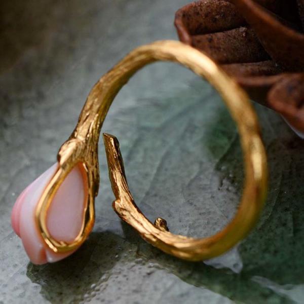 Women Sterling Silver Natural Pink Shell Tulip Gold Plated Ring Open Adjustable Size (058736)