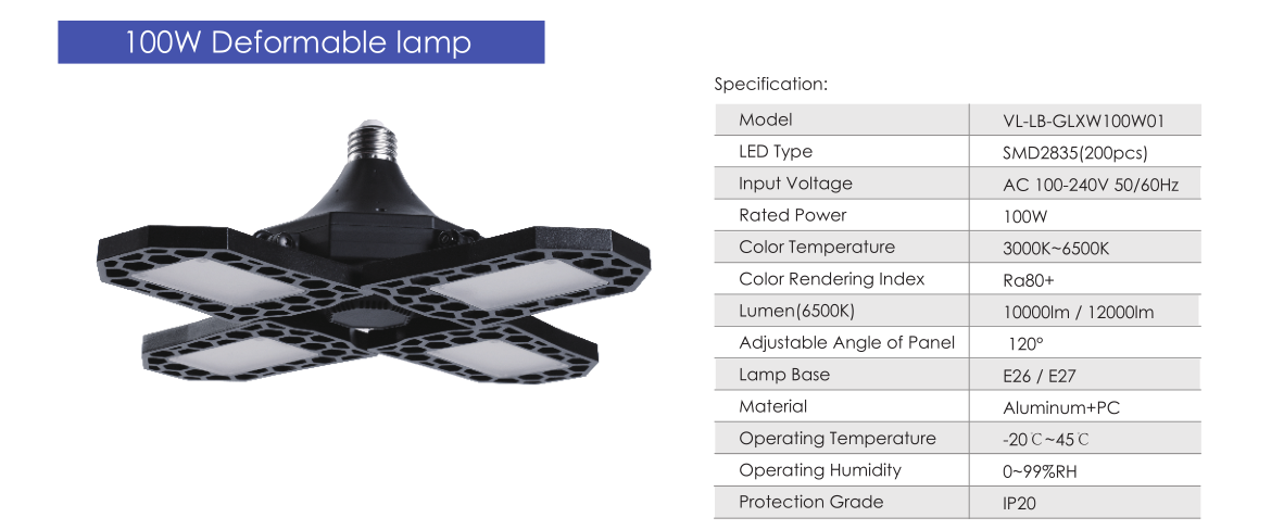 100W LED Deformable Garage Light Aluminum LED Garage Ceiling Lights IP66