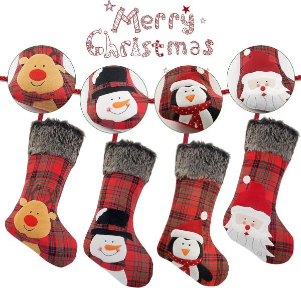 Christmas Stockings, 4 Pack 19'' Xmas Stockings Plush Faux Fur Cuff Family Pack Stockings for Xmas Holiday Party Decor