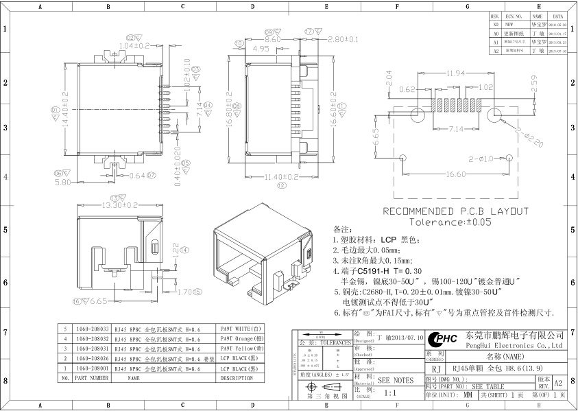 Гнездовой разъем Jack SMT RJ45 модульного Jack с тонуть желтым цветом плиты