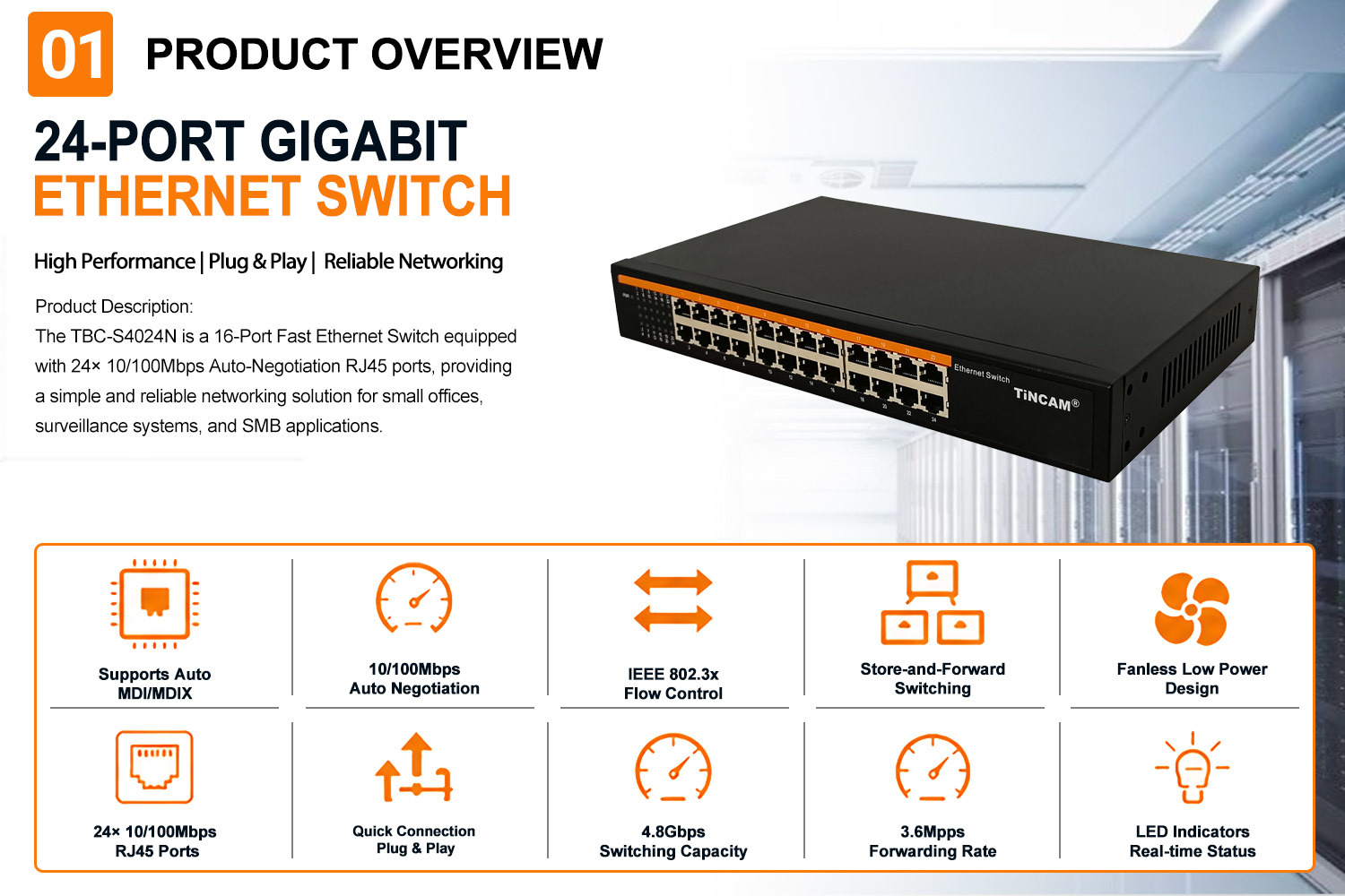 24 Port 10/100Mbps Fast Ethernet Switch Unmanaged Network Switch Rackmount/Desktop Metal Switch Internal Power Supply TBC-S4024N