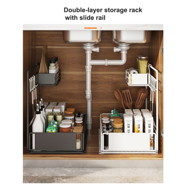 New C Metal Double-layer Home Multifunctional Storage Organizer Bathroom Storage Rack Drawdown Rack for Sink Cabinet