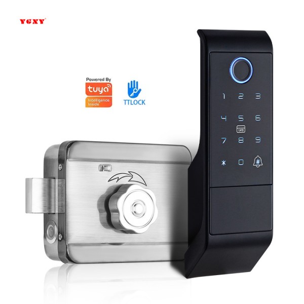 Inteligente Ttlock Smart Door Lock Keyless Wifi Biometric Fingerprint Electric Rim Lock External Anti-theft Bull Head Lock