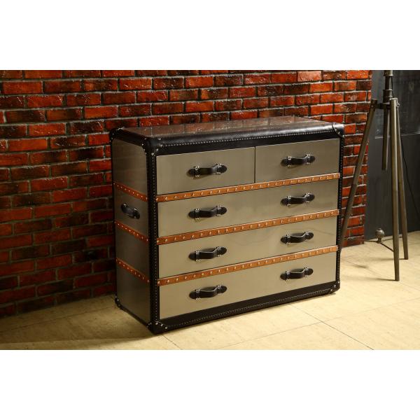 Mirror Steel Vintage Leather Steamer Trunk 5 Drawers Black Genuine Leather Handle Wooden Bar