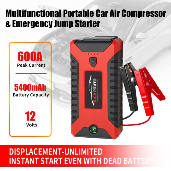 5400mAh Automobile 2 In 1 Jump Starter With Air Compressor 300A - 600A Portable Car Battery Charger Jump Starter SmartRechargeable Jump Starter + LED Light, Warning Light, SOS & MultifunctionEmergency