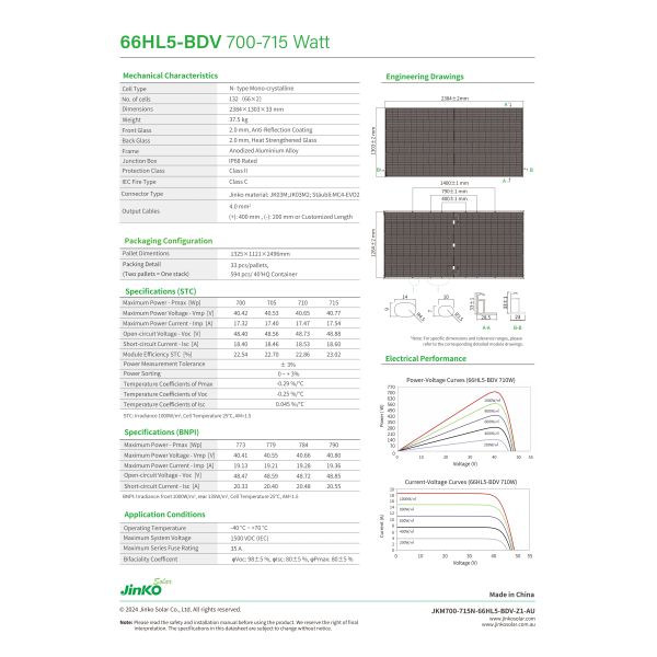 JinKo N-type 66HL5-BDV  N Type Topcon Bifacial Module 700W 705W 710W  715W  720W  Dual Glass Bifacial Solar Panel