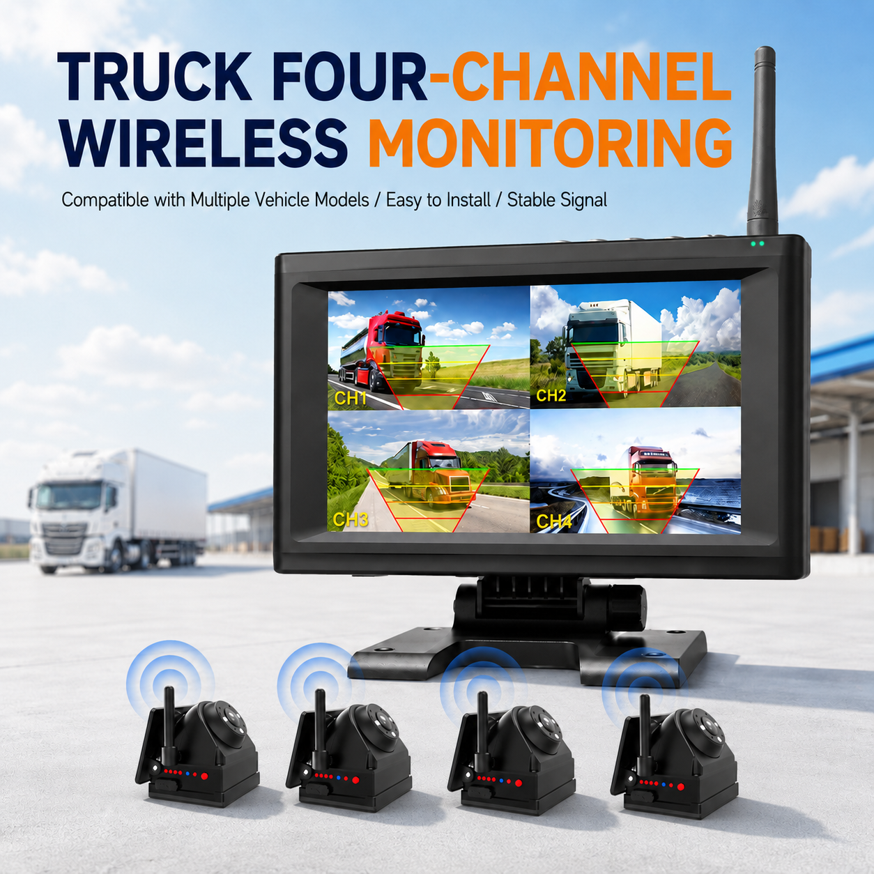 Plug and Play 1 - 4CH 720P Wireless Magnetic Camera System 7 Monitor BSD Alarm Rechargeable  for Truck RV Trailer Farm Machinery