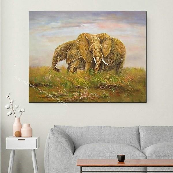 100% Handmade Family Elephant Love Oil Paintings on Canvas Cute Animal Wall Art Mural for Home Decoration