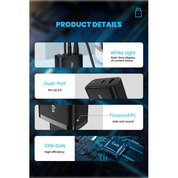 порт 5V 3A PD переходника заряжателя стены 33w GaN быстрый поручая для ПК планшета