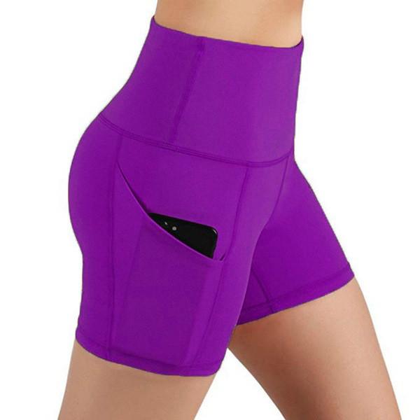 Short preto alto dos esportes de Waisted para o bolso lateral das caneleiras apertadas do Gym do controle da barriga das mulheres