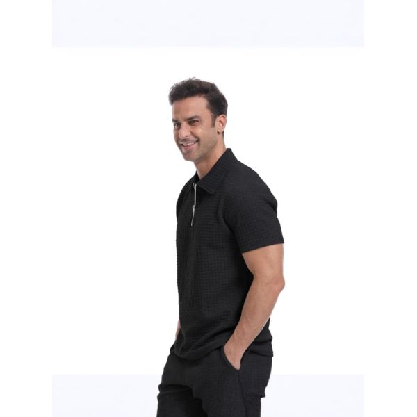 Custom  Polyester Blend Stretch Fit Zipper Polo T-Shirt Premium Waffle Polo Shirt for Men