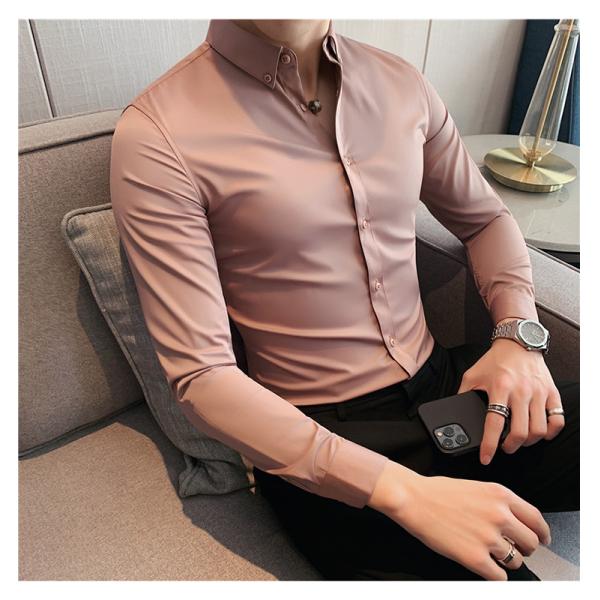 Men's Fashionable Business Casual Shirt Plain Solid Long Sleeve Slim Fit Office Shirts