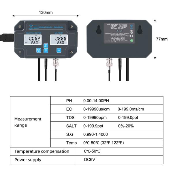 Customized Wifi Water Tester PH-3988 6 in 1 Salt S.G.Temp PH EC TDS Meter for Aquariums