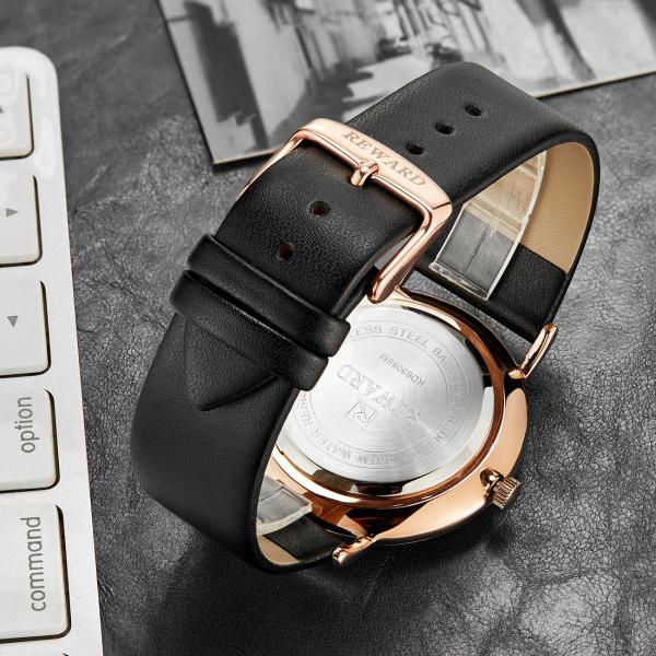 SGS Mens Leather Strap Watches 2.5D Mineral Glass Three Hand 3 Atm Water Resistant