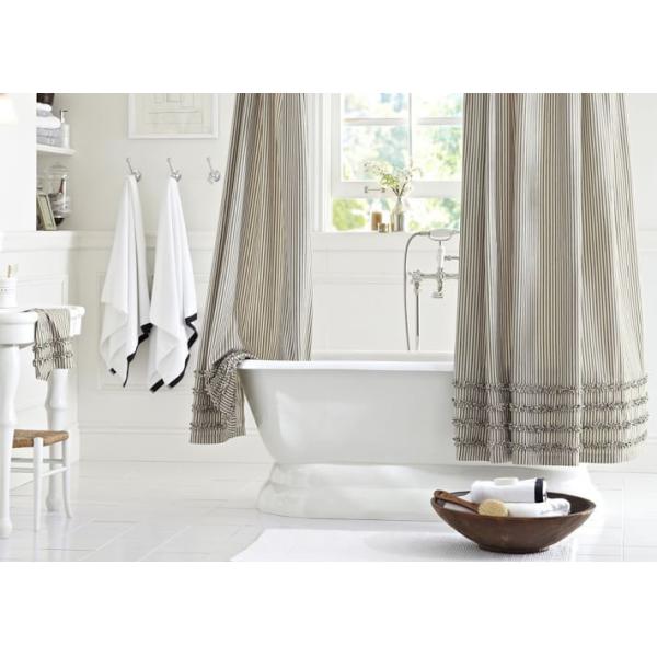 Pure Cotton Shower Curtains , Mini Ruffled Ticking Stripe White Shower Curtain