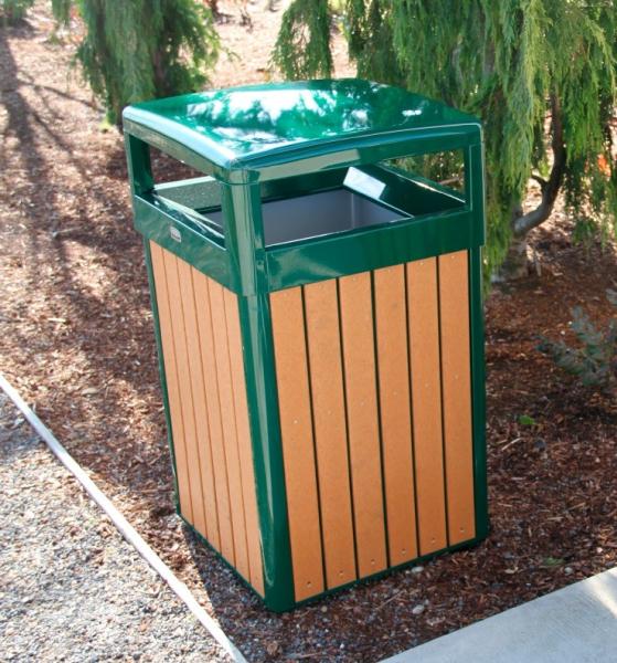 33 Gallon Round Recycled Plastic Trash Receptacle with Rain Cap