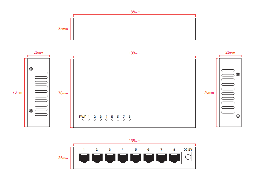 8-Port Gigabit Ethernet Switch Desktop Unmanaged 100M/1G Auto-Sensing DC5V Input CE